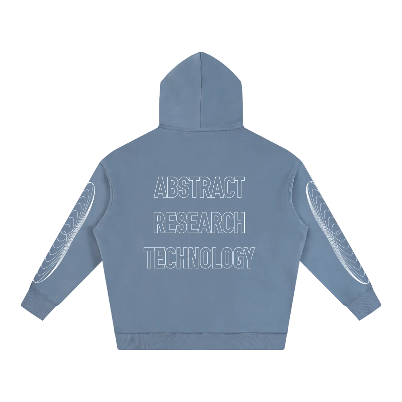 Blue hoodie with 'Abstract Research Technology' text on the back against a white background