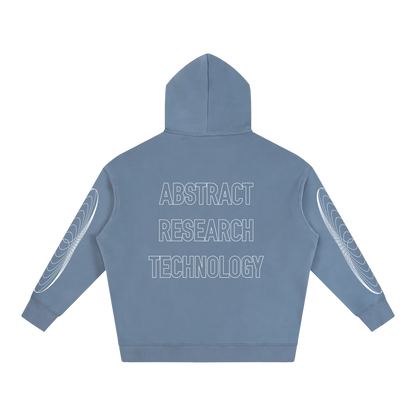Blue hoodie with 'Abstract Research Technology' text on the back against a white background