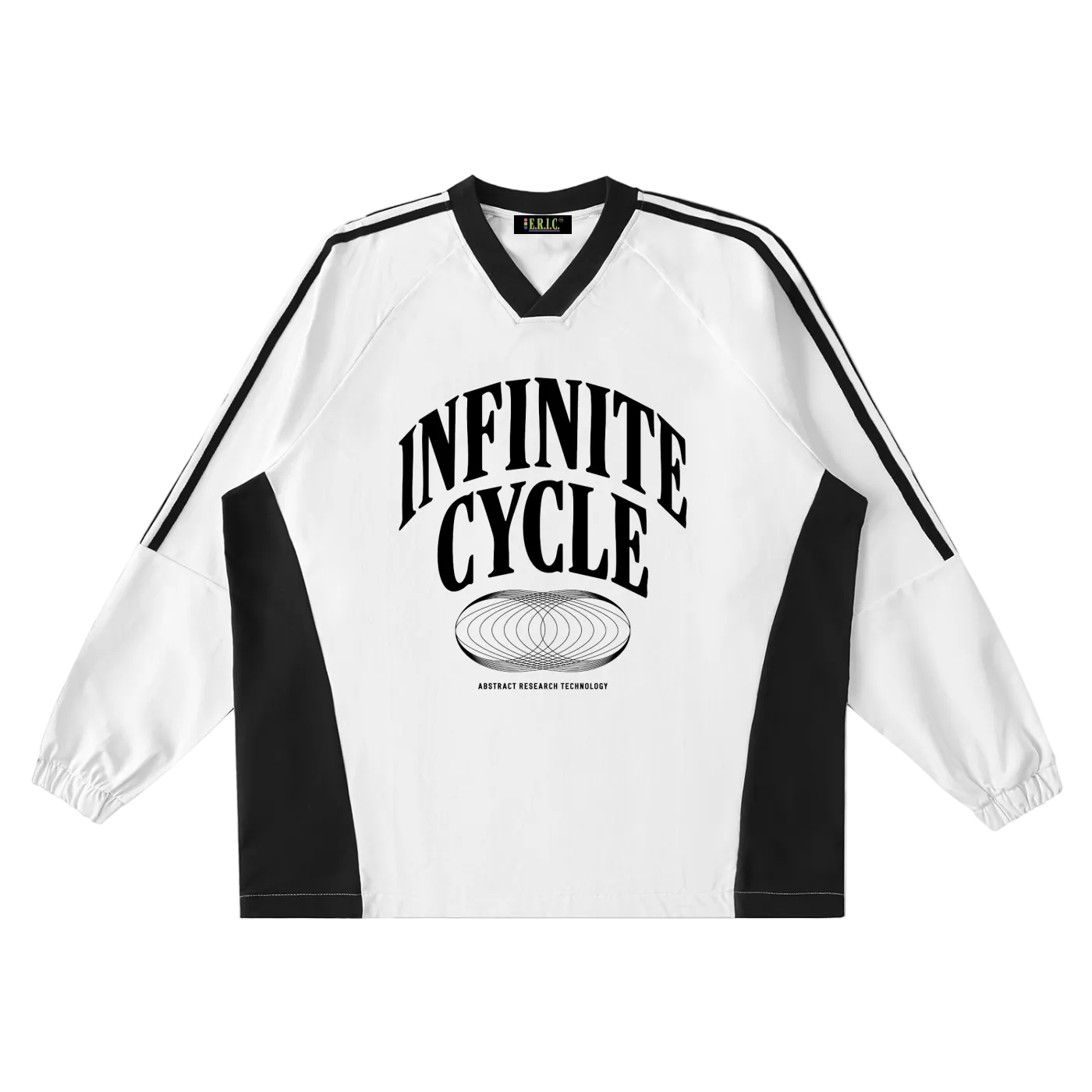 White and black sports jersey with 'Infinite Cycle' text on a white background