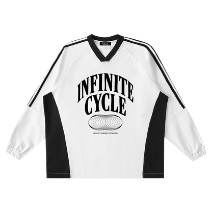 White and black sports jersey with 'Infinite Cycle' text on a white background