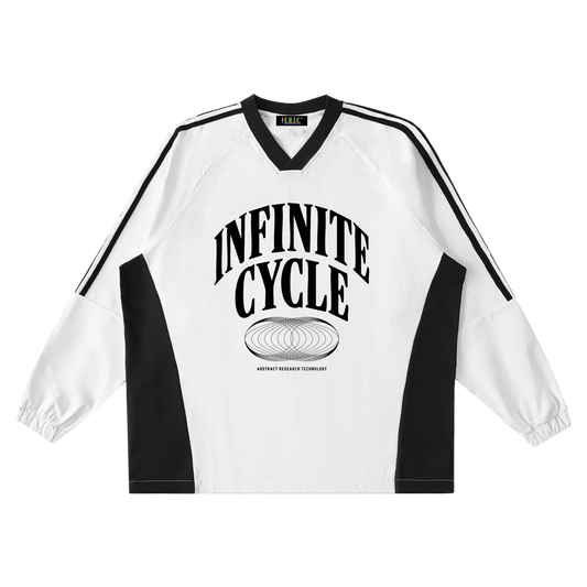 White and black sports jersey with 'Infinite Cycle' text on a white background