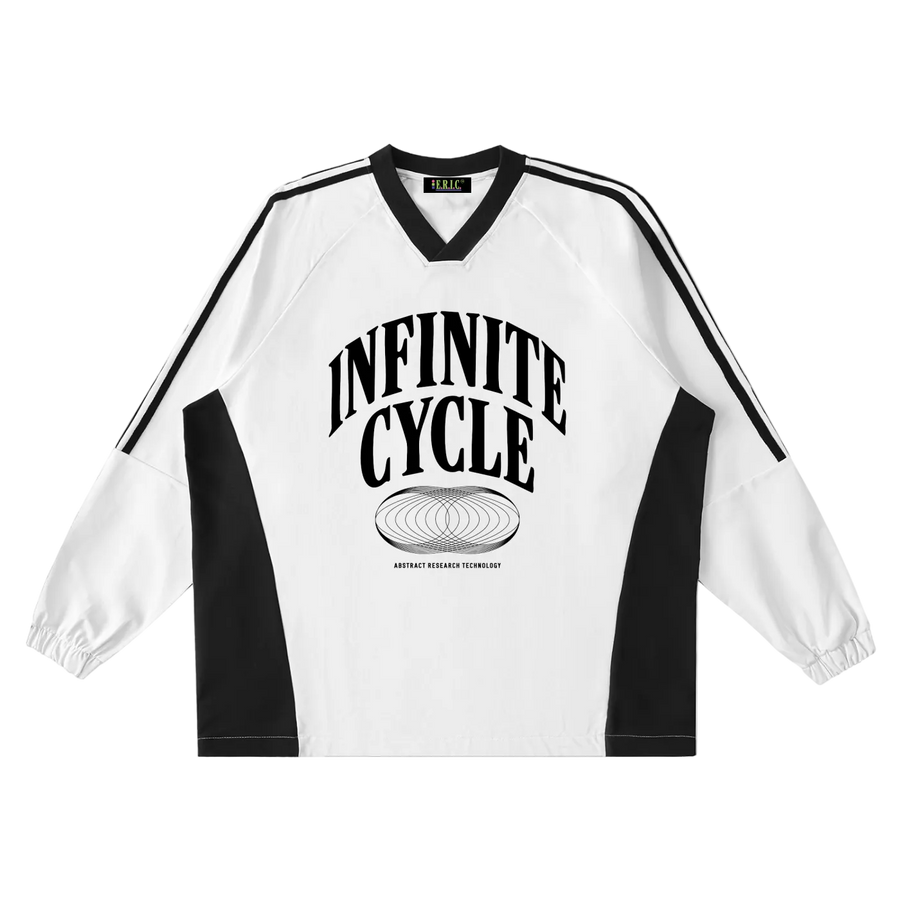 White and black sports jersey with 'Infinite Cycle' text on a white background