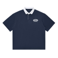 Navy polo shirt with white collar and logo on a white background