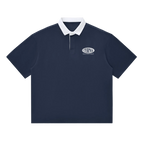 Navy polo shirt with white collar and logo on a white background