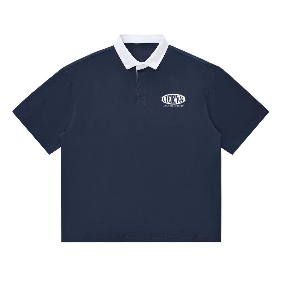 Navy polo shirt with white collar and logo on a white background