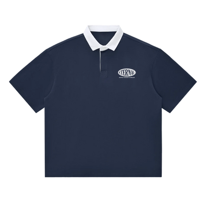 Navy polo shirt with white collar and logo on a white background