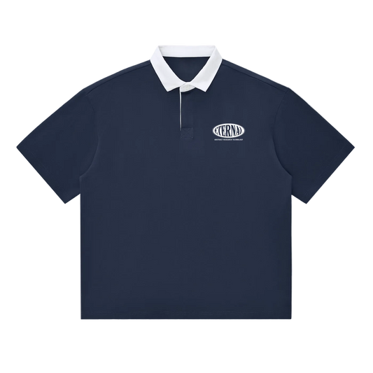 Navy polo shirt with white collar and logo on a white background