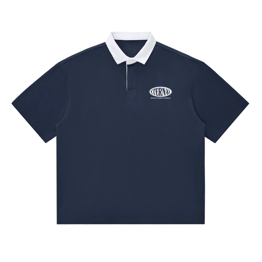 Navy polo shirt with white collar and logo on a white background