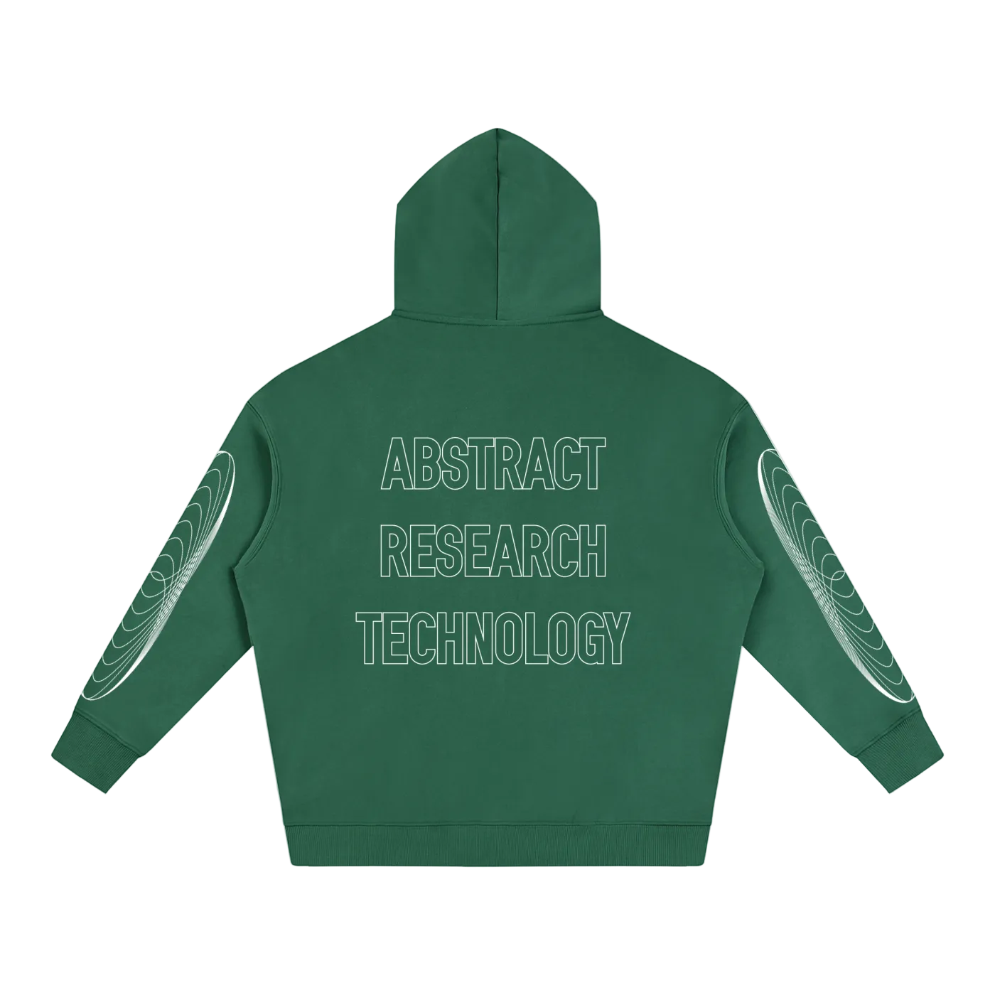 Green hoodie with 'Abstract Research Technology' text on the back, on a white background