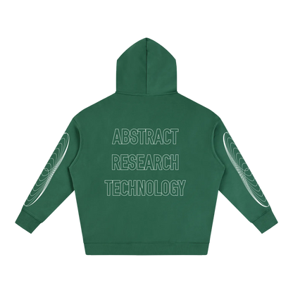 Green hoodie with 'Abstract Research Technology' text on the back, on a white background