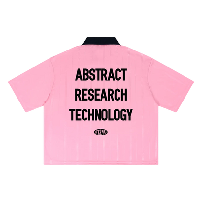 Pink shirt with 'Abstract Research Technology' text on a white background
