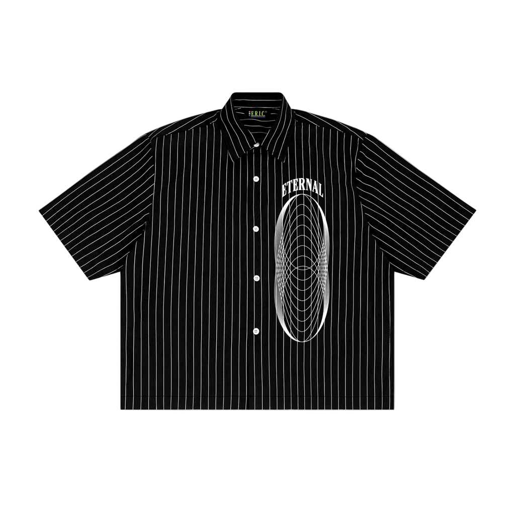 Black pinstripe shirt with 'Eternal' graphic on a white background
