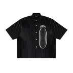 Black pinstripe shirt with 'Eternal' graphic on a white background