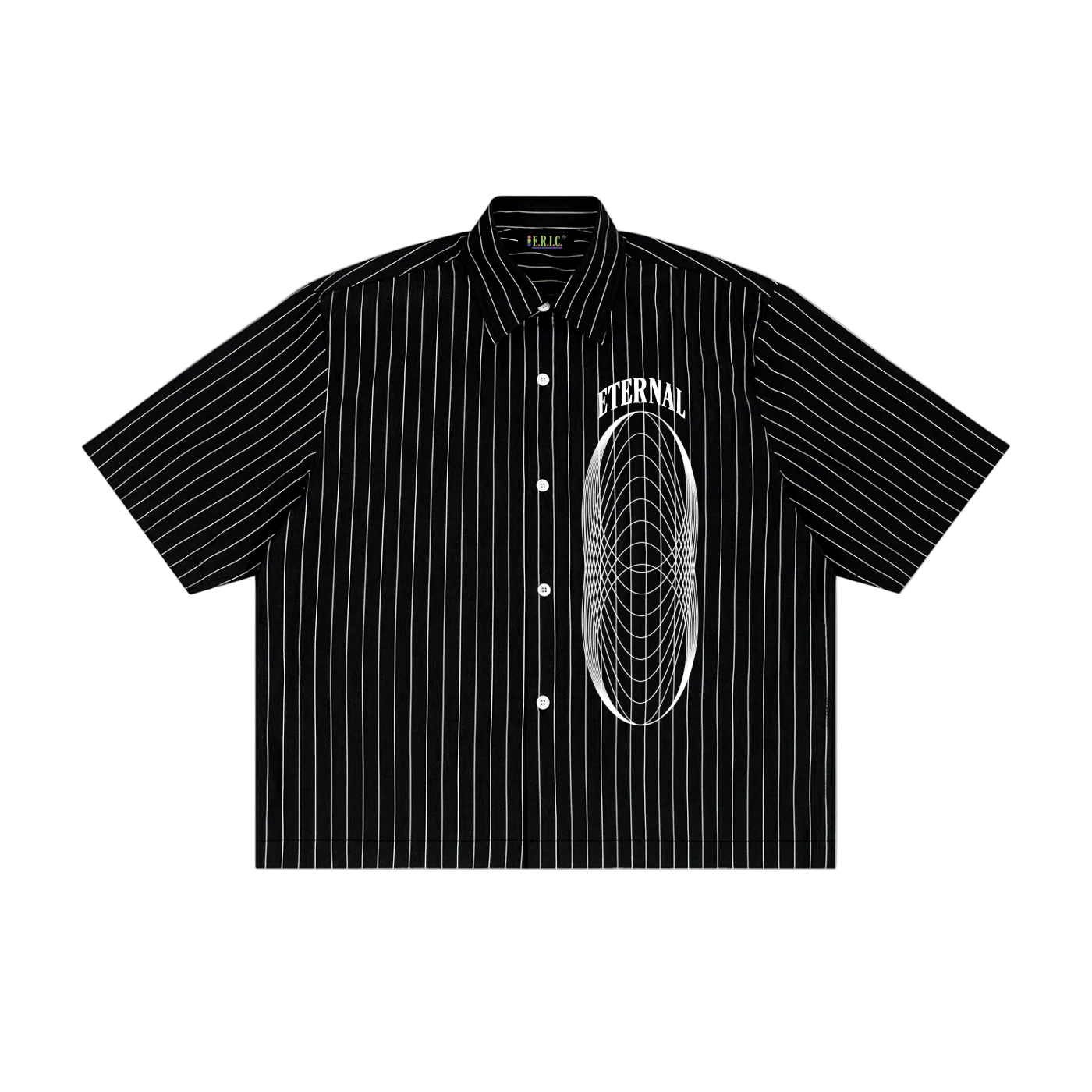 Black pinstripe shirt with 'Eternal' graphic on a white background