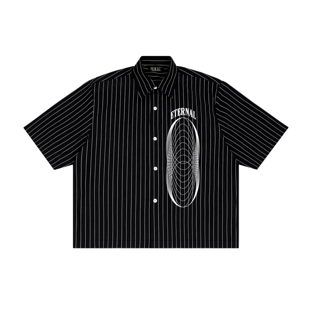 Black pinstripe shirt with 'Eternal' graphic on a white background