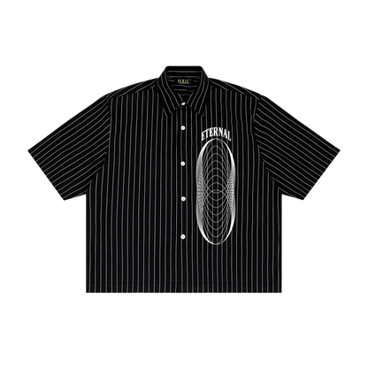 Black pinstripe shirt with 'Eternal' graphic on a white background
