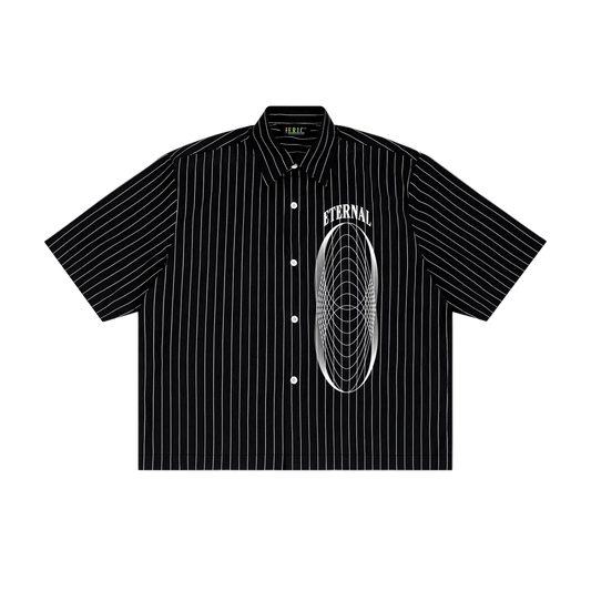 Black pinstripe shirt with 'Eternal' graphic on a white background