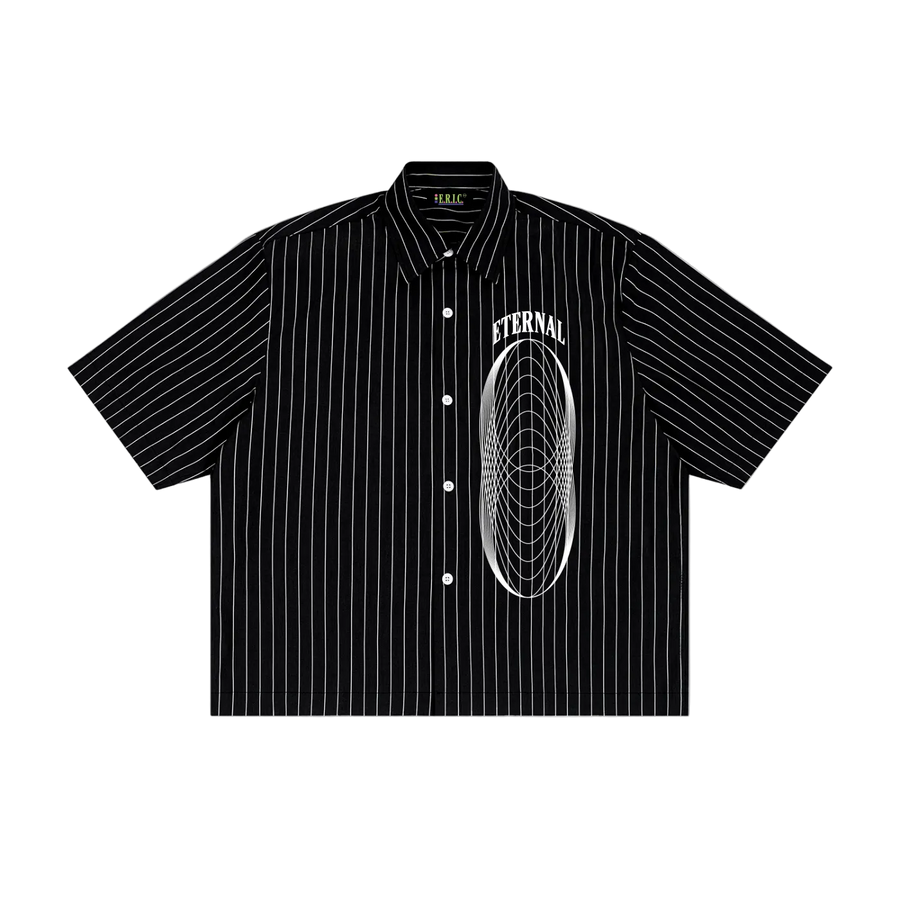 Black pinstripe shirt with 'Eternal' graphic on a white background
