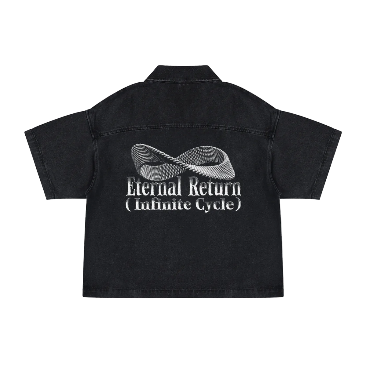 Black shirt with 'Eternal Return (Infinite Cycle)' text and design on a white background