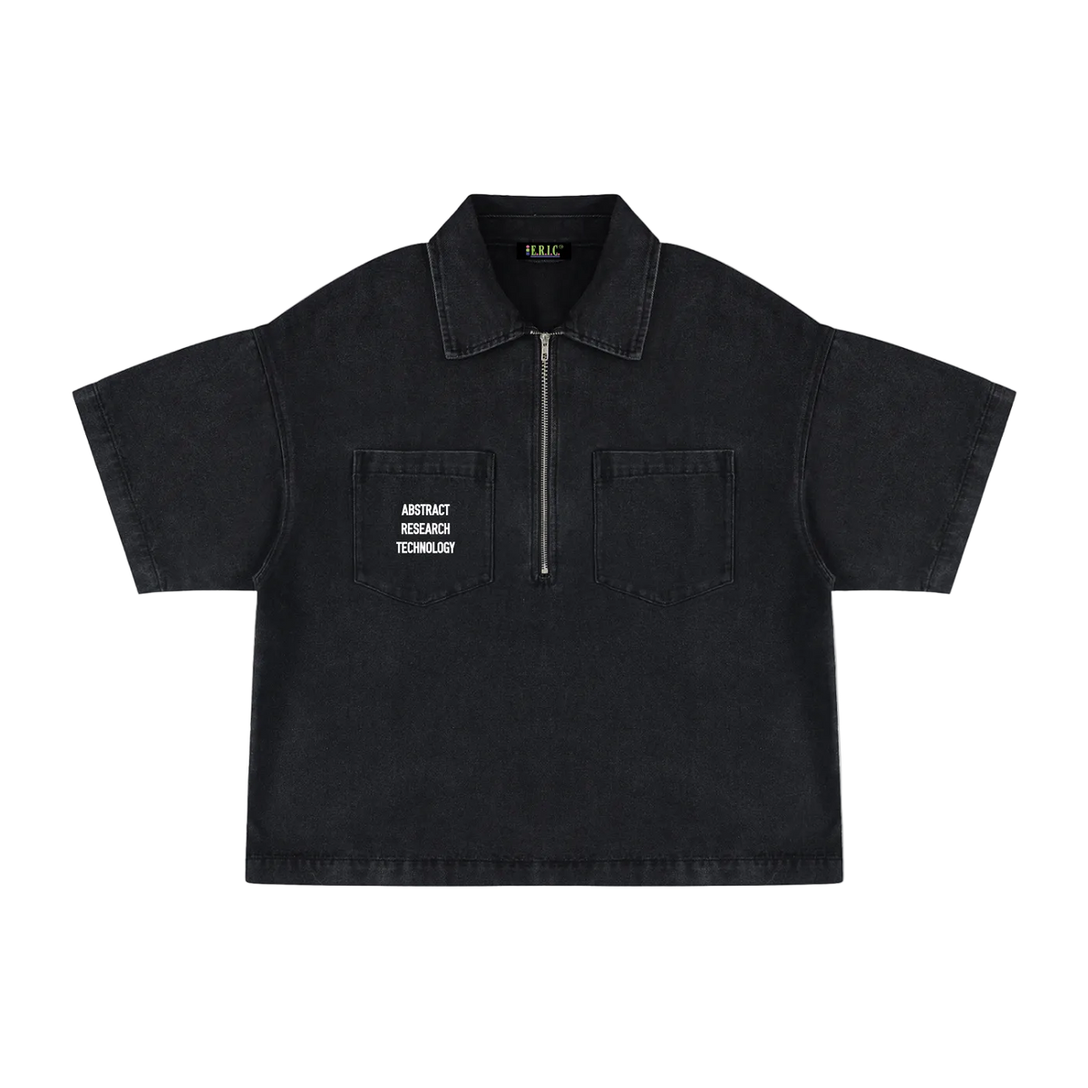Black short-sleeve shirt with text on a white background