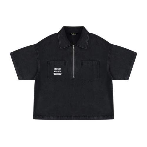 Black short-sleeve shirt with text on a white background