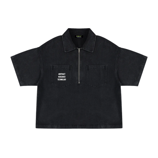 Black short-sleeve shirt with text on a white background
