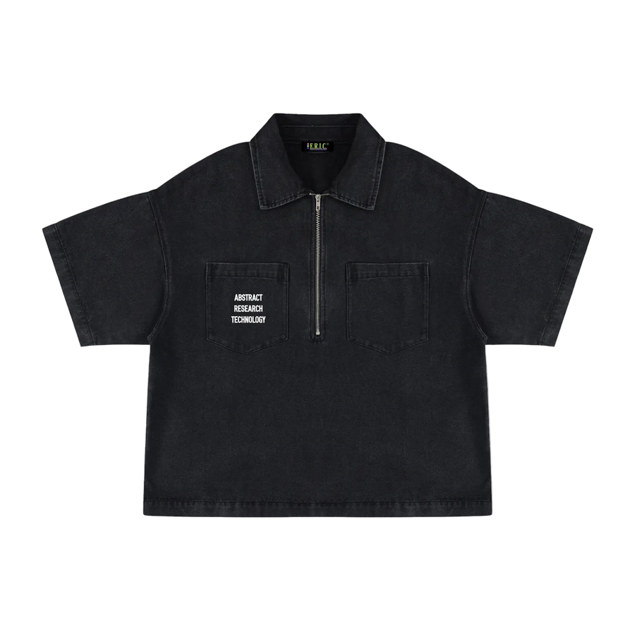 Black short-sleeve shirt with text on a white background