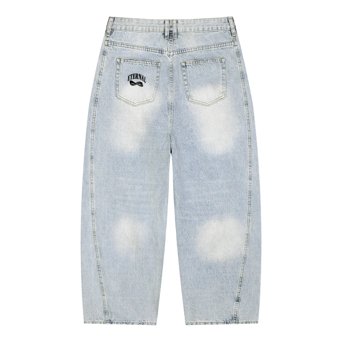 Light blue distressed jeans with a brand logo on a white background