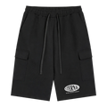 Black cargo shorts with a brand logo on a white background