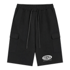 Black cargo shorts with a brand logo on a white background