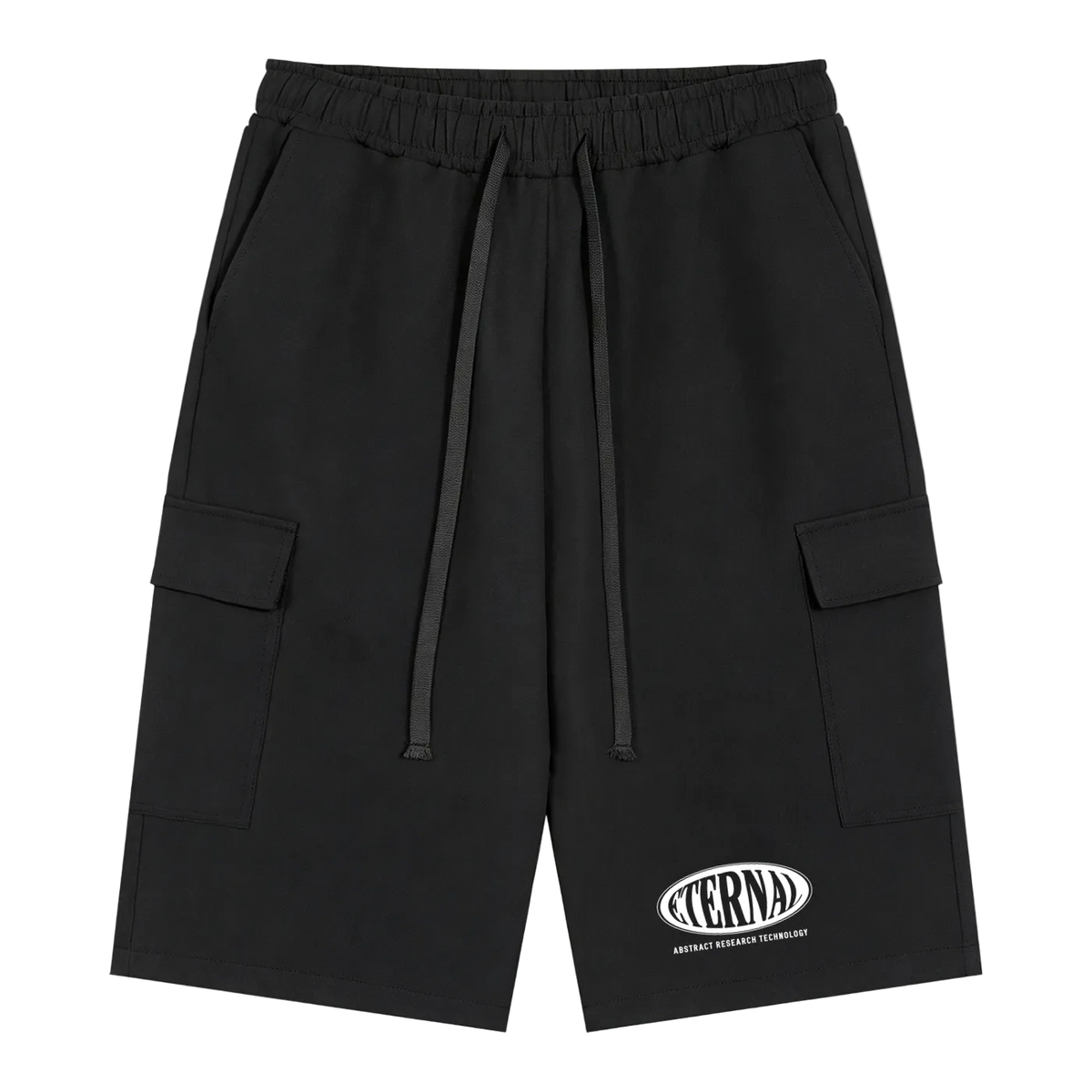 Black cargo shorts with a brand logo on a white background