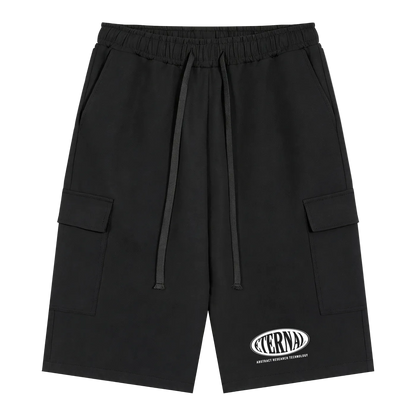Black cargo shorts with a brand logo on a white background