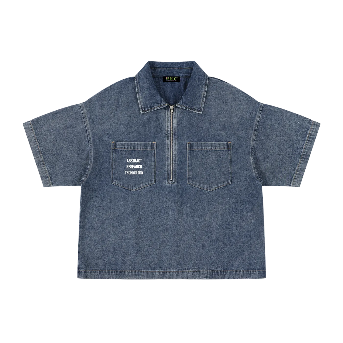 Blue denim shirt with a zipper on a white background