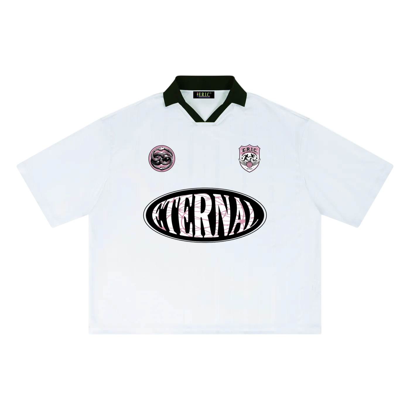 White sports jersey with black and red details on a white background