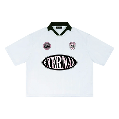 White sports jersey with black and red details on a white background