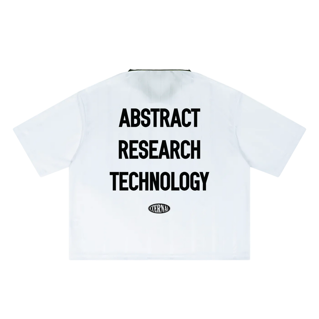 White shirt with black text 'Abstract Research Technology' on a white background