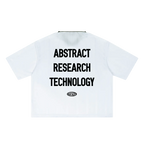 White shirt with black text 'Abstract Research Technology' on a white background