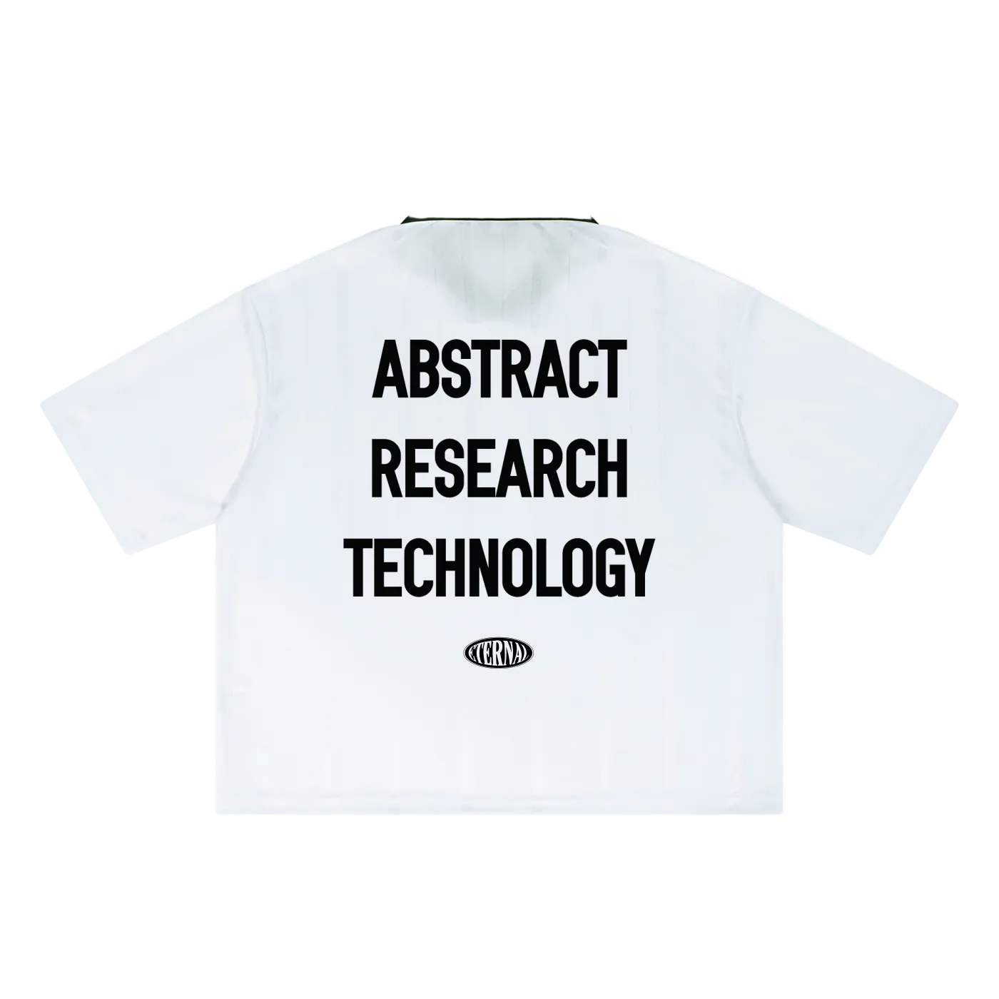 White shirt with black text 'Abstract Research Technology' on a white background