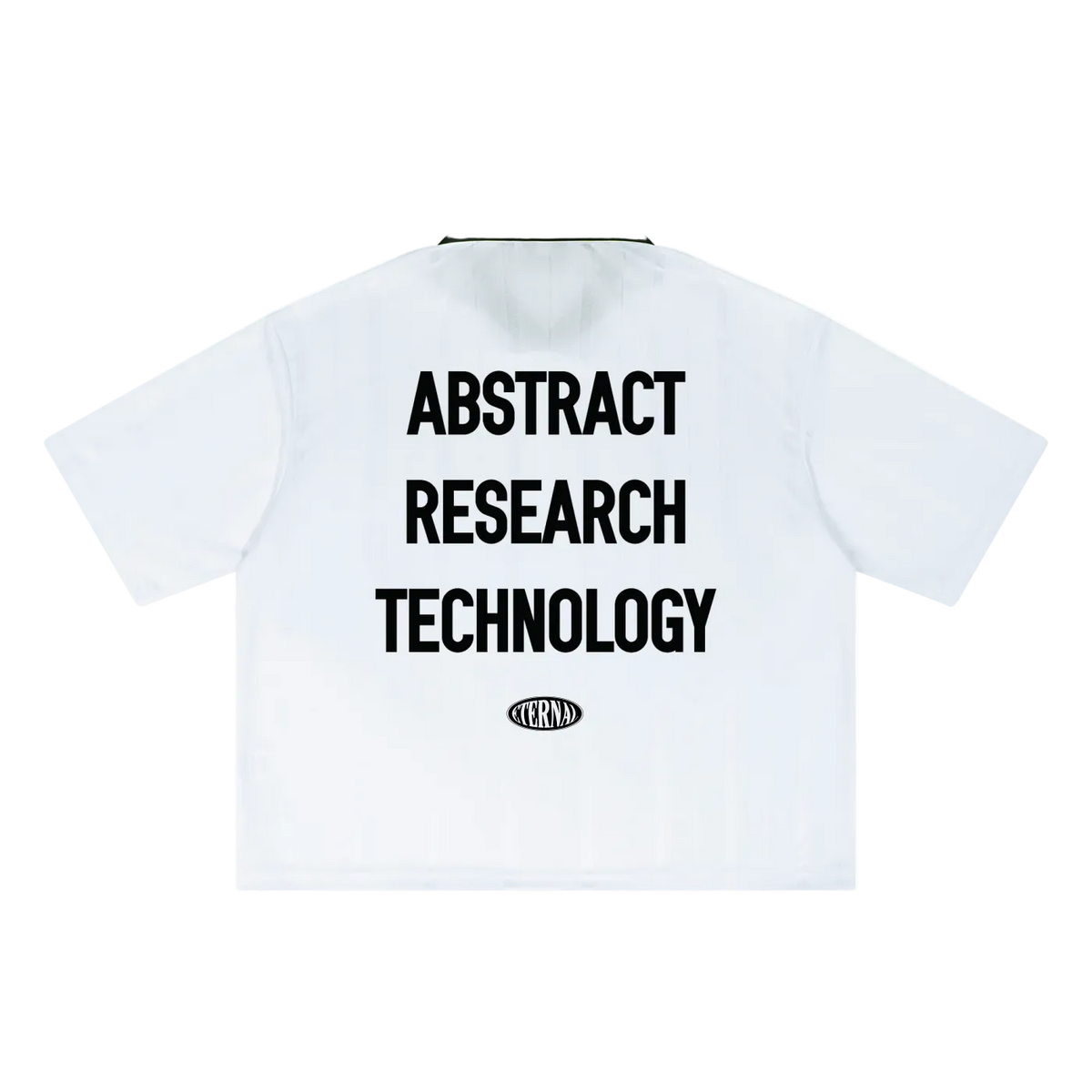 White shirt with black text 'Abstract Research Technology' on a white background