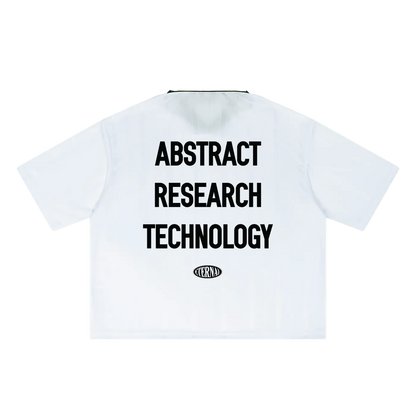 White shirt with black text 'Abstract Research Technology' on a white background