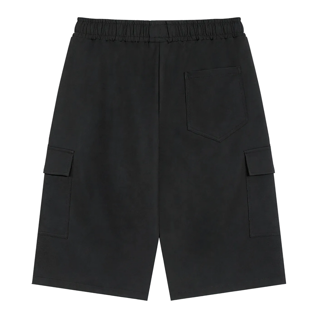 Black cargo shorts on a white background