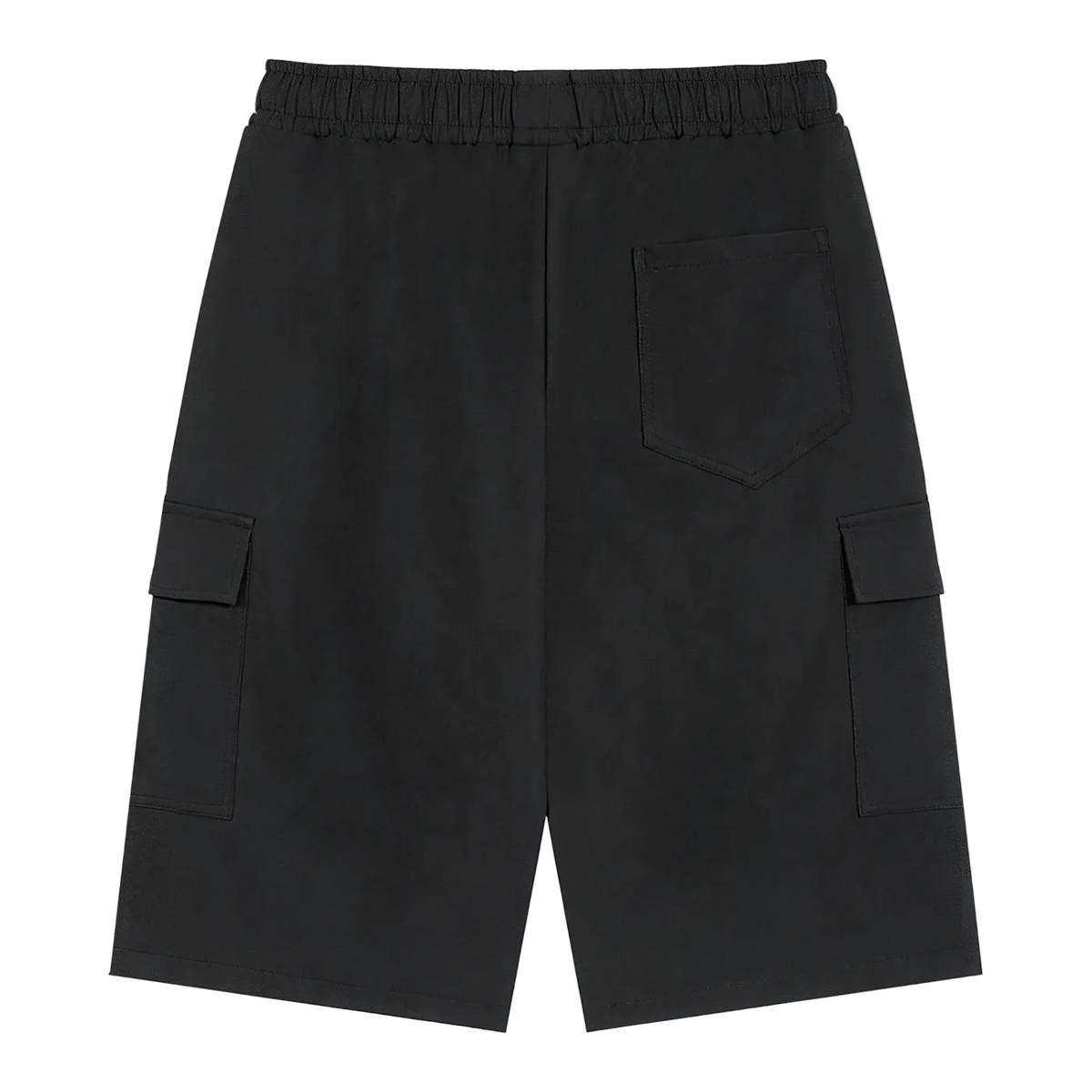 Black cargo shorts on a white background