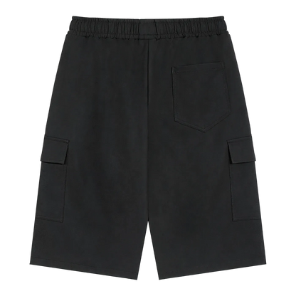 Black cargo shorts on a white background