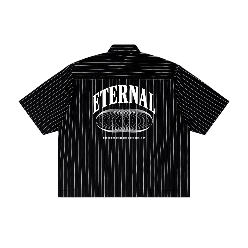 Black striped shirt with 'ETERNAL' graphic on a white background