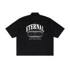Black striped shirt with 'ETERNAL' graphic on a white background