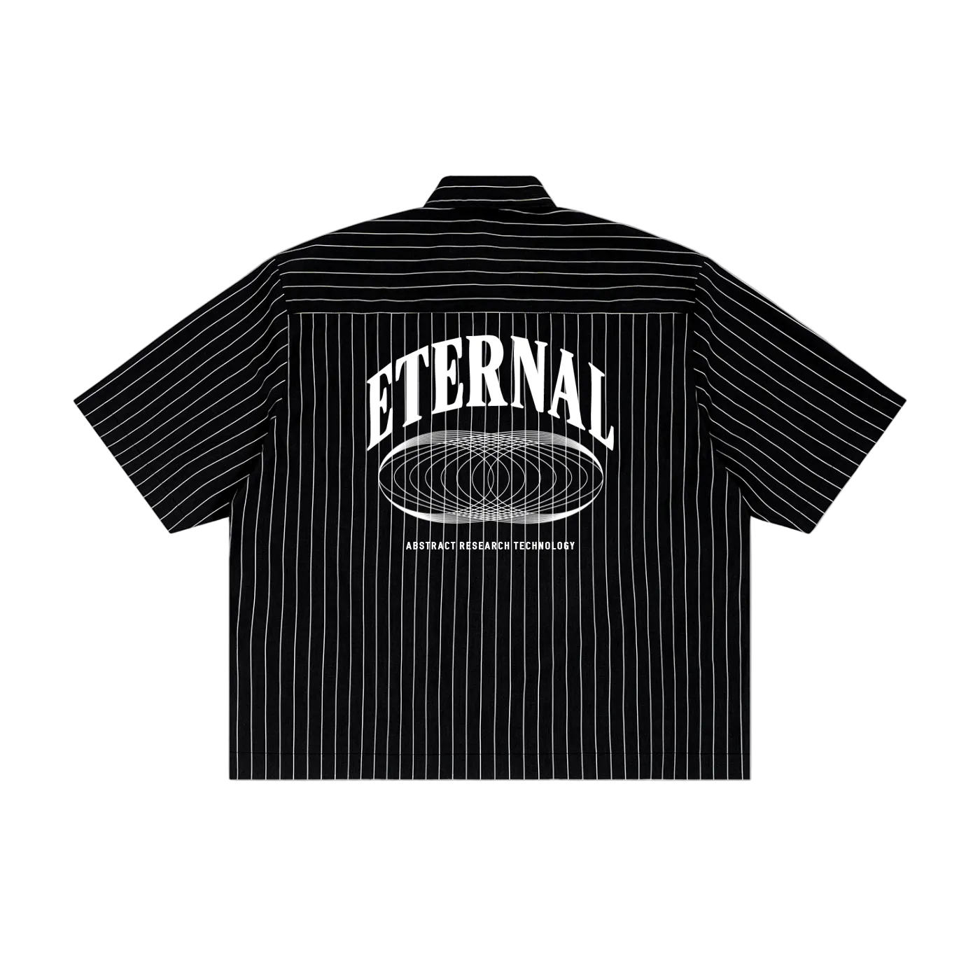 Black striped shirt with 'ETERNAL' graphic on a white background