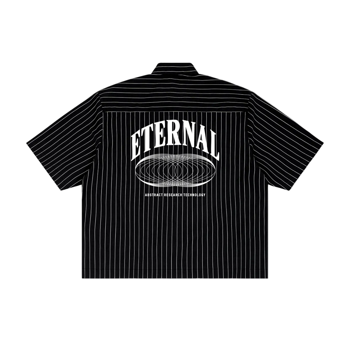 Black striped shirt with 'ETERNAL' graphic on a white background