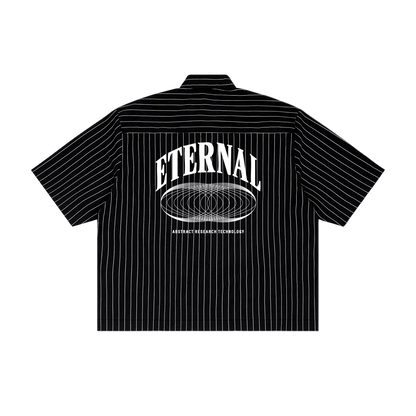 Black striped shirt with 'ETERNAL' graphic on a white background