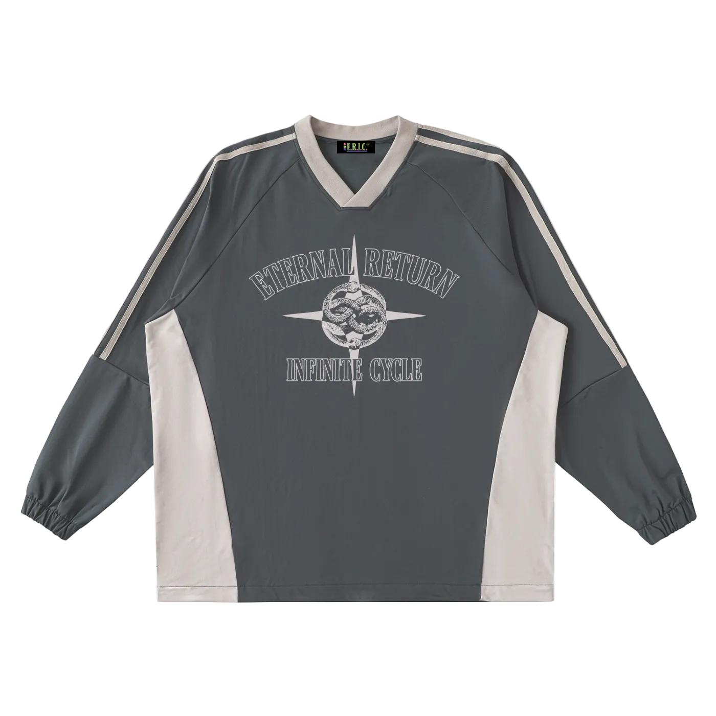 Gray and white sports jersey with 'Eternal Return Infinite Cycle' text and design on a white background