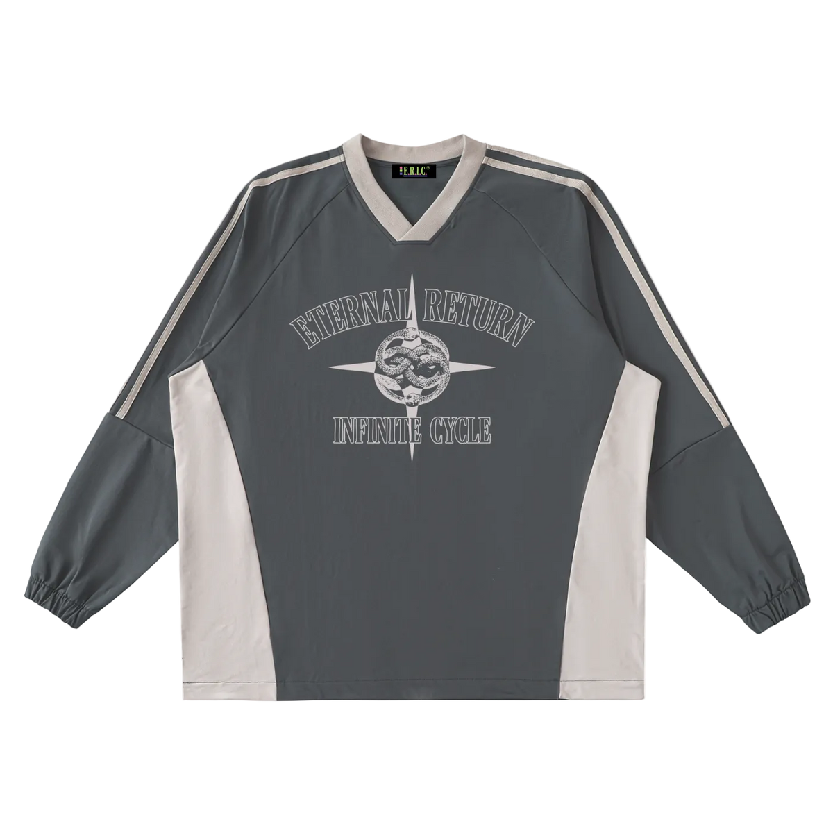 Gray and white sports jersey with 'Eternal Return Infinite Cycle' text and design on a white background